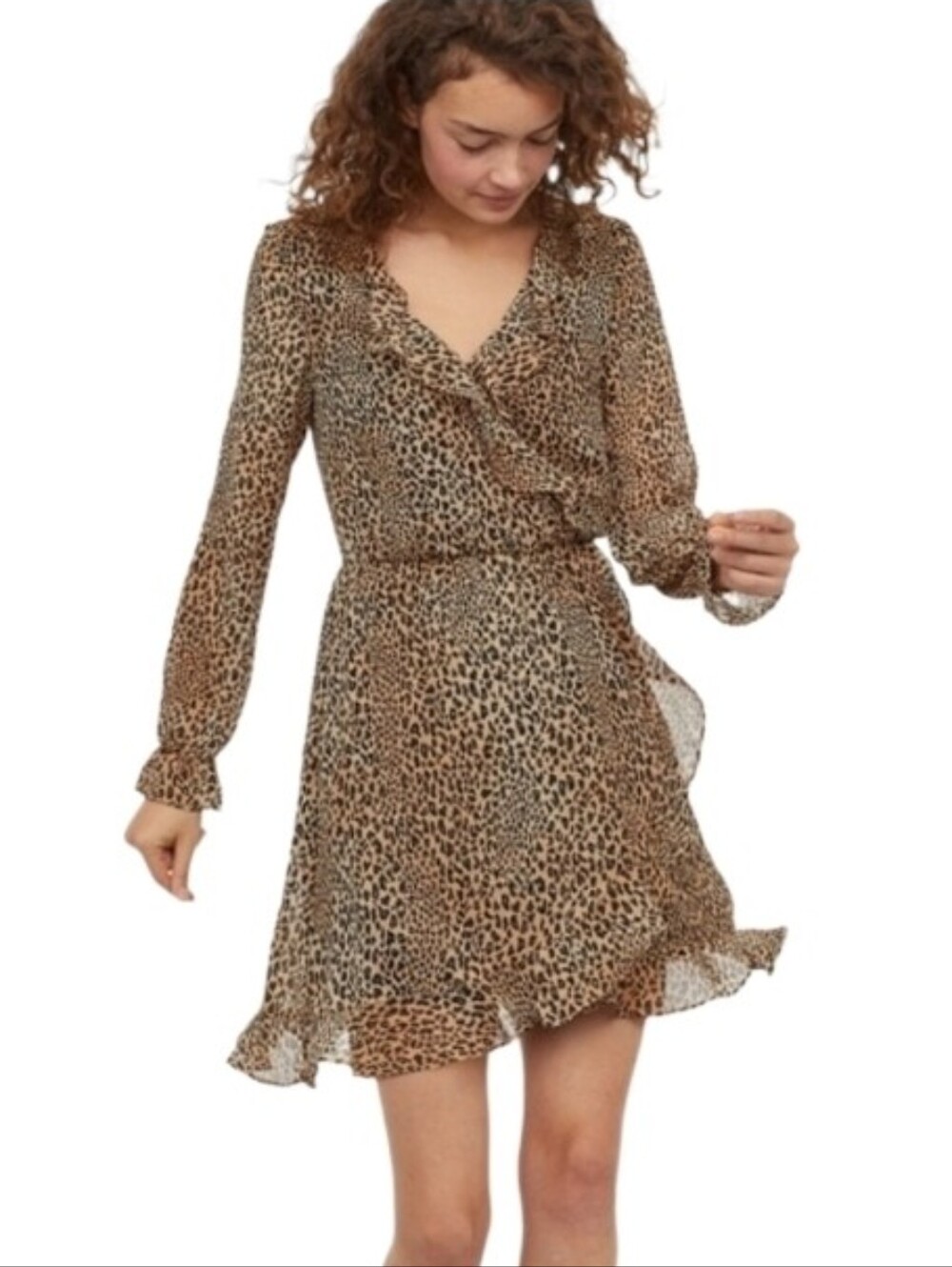 H&M Divided Leopard Print Ruffle Detail Wrap Mini Dress Brown Size O